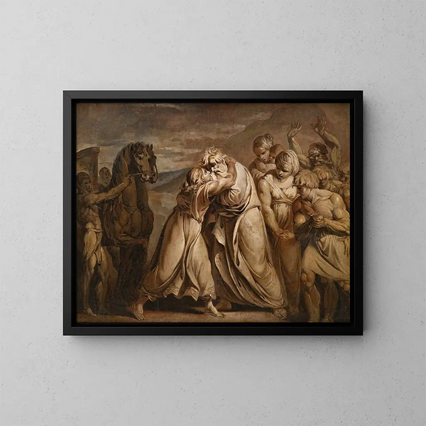 Joseph retrouvant son père Jacob dans le désert à la frontière de l'Égypte - Jean-Antoine Julien — framed artwork on a wall