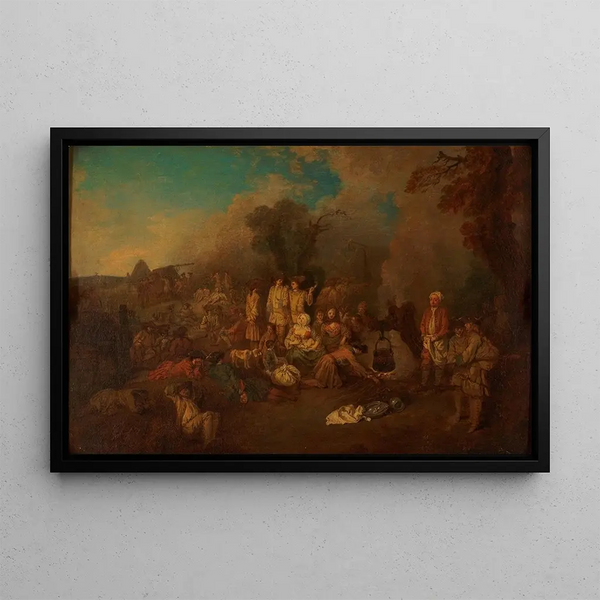 Bivouac - Jean-Antoine Watteau — framed artwork on a wall