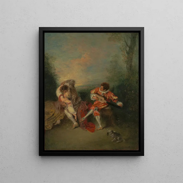 La Surprise - Jean-Antoine Watteau — framed artwork on a wall