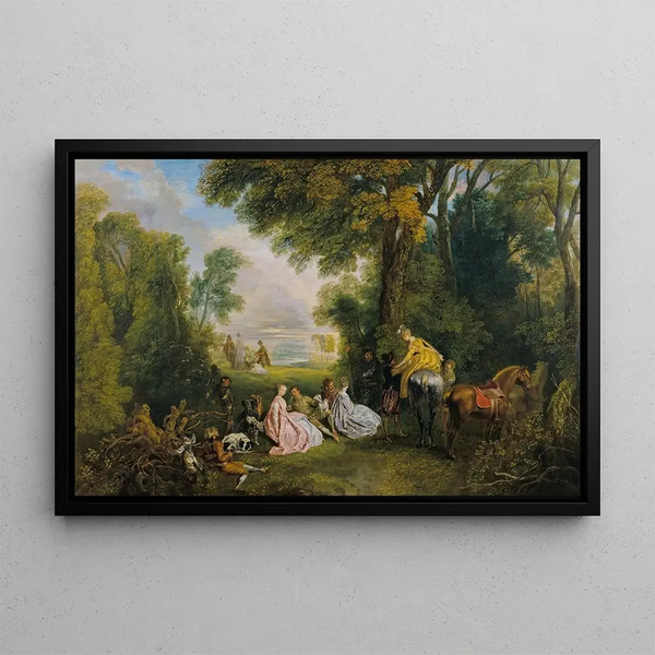 Rendez-vous de Chasse - Jean-Antoine Watteau — framed artwork on a wall