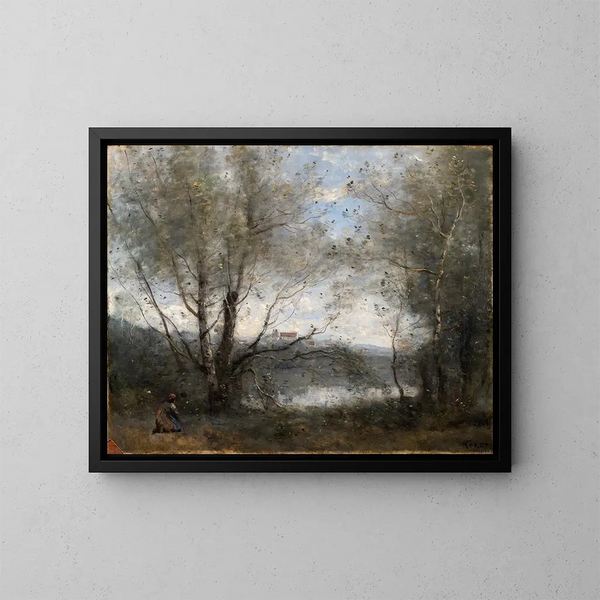 A pond seen through the trees - Jean-Baptiste-Camille Corot — framed artwork on a wall