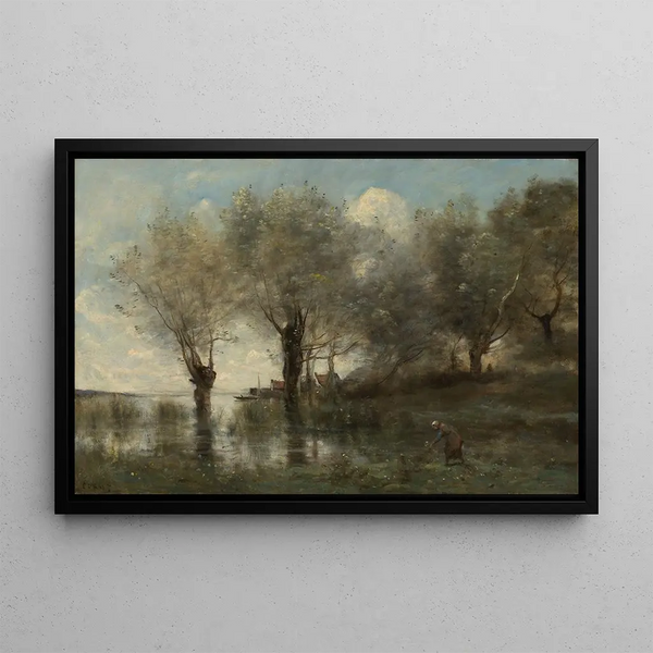 a pond in Picardy - Jean-Baptiste-Camille Corot — framed artwork on a wall