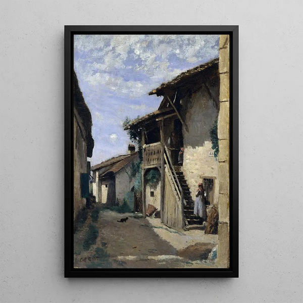 A village street in Dardagny - Jean-Baptiste-Camille Corot — framed artwork on a wall