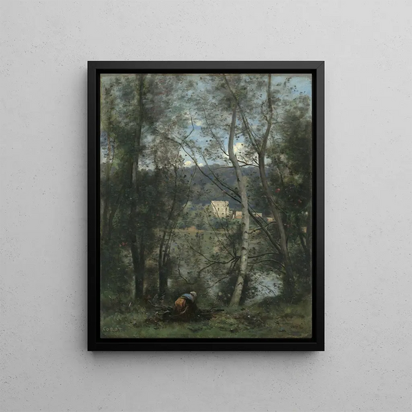 a woman gathering fagots in Ville-d'Avray - Jean-Baptiste-Camille Corot — framed artwork on a wall
