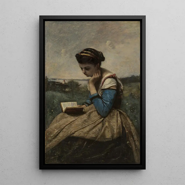 a woman reading - Jean-Baptiste-Camille Corot — framed artwork on a wall