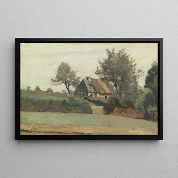 Achicourt near Arras, thatched cottages in the trees - Jean-Baptiste-Camille Corot — framed artwork on a wall