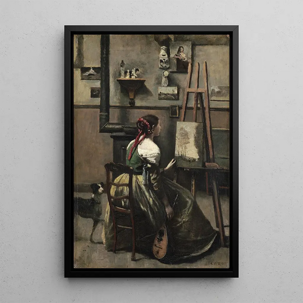 Atelier de Corot Woman sitting in front of an easel holding a mandolin - Jean-Baptiste-Camille Corot — framed artwork on a wall