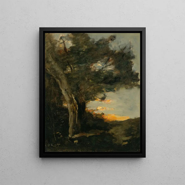 Sunset with a lioness - Jean-Baptiste-Camille Corot — framed artwork on a wall