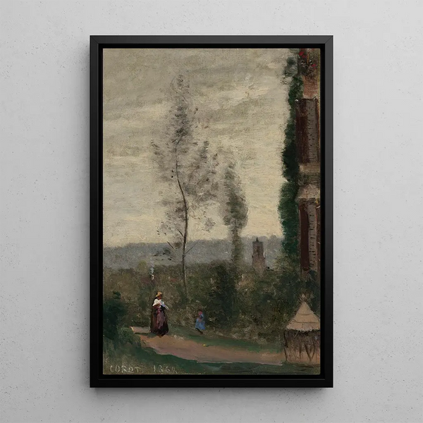 Coulommiers painting of Mr. Preschez's garden - Jean-Baptiste-Camille Corot — framed artwork on a wall