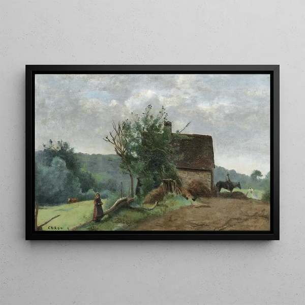 Farmyard painting with a rider and a young girl in the foreground - Jean-Baptiste-Camille Corot — framed artwork on a wall