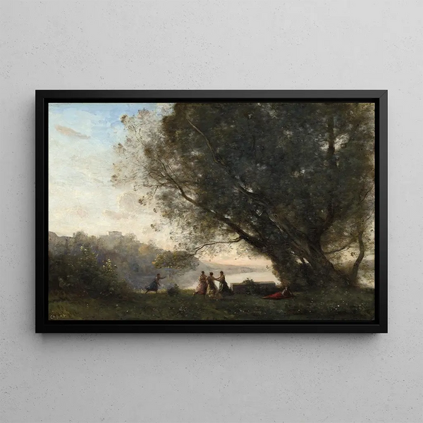 Danse sous les arbres au bord du lac - Jean-Baptiste-Camille Corot — framed artwork on a wall
