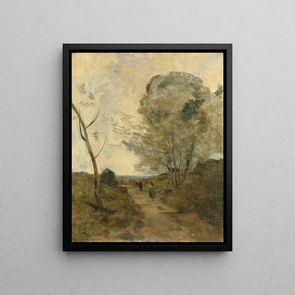Environs d'Arleux Peasant Woman Leading a Cow to the Pasture Morning Effect - Jean-Baptiste-Camille Corot — framed artwork on a wall
