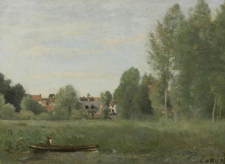 Environs de Mantes, petites habitations cachées dans les arbres près du bord de l'eau - Jean-Baptiste-Camille Corot — artwork view