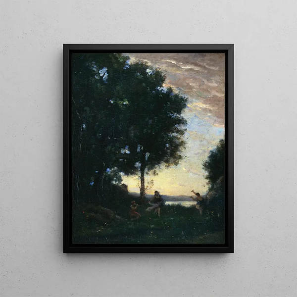 Faunes et nymphes dansant - Jean-Baptiste-Camille Corot — framed artwork on a wall