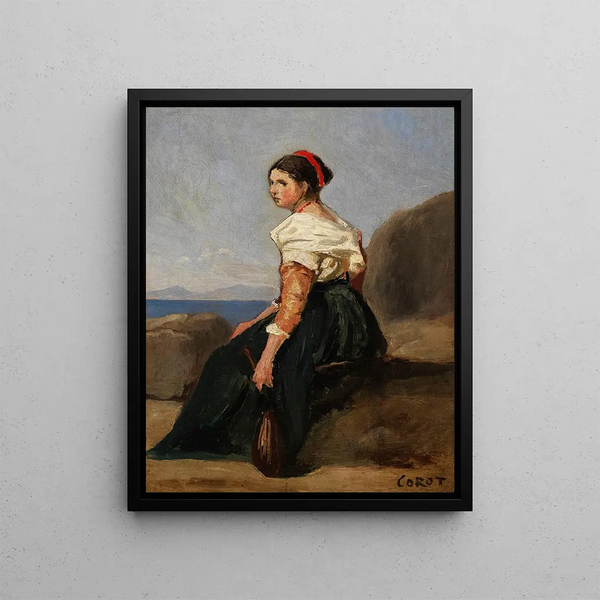 a seated woman holding a mandoline - Jean-Baptiste-Camille Corot — framed artwork on a wall
