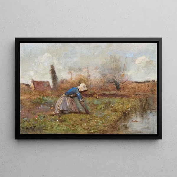 Farmhouse Painting kneeling picking dandelions - Jean-Baptiste-Camille Corot — framed artwork on a wall