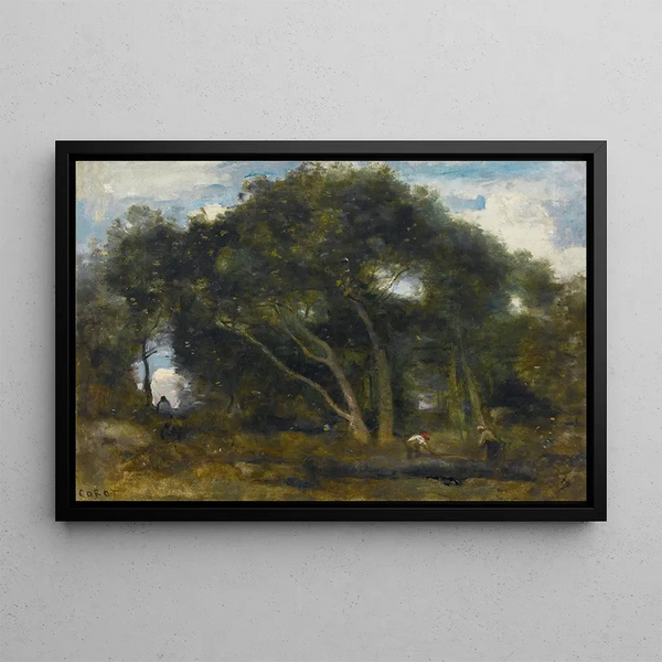 Fontainebleau Chênes Inclinés dans une Clairière de Forêt - Jean-Baptiste-Camille Corot — framed artwork on a wall