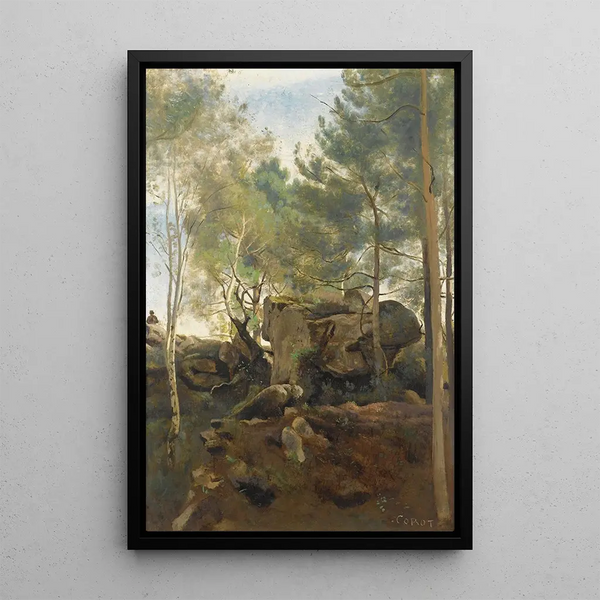 Fontainebleau Pines and Birches in the Rocks - Jean-Baptiste-Camille Corot — framed artwork on a wall