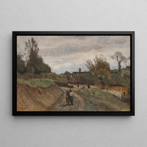 Gouvieux painting, peasant and peasant woman, path and thatched village - Jean-Baptiste-Camille Corot — framed artwork on a wall