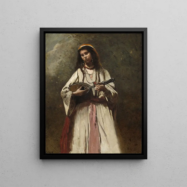 Woman Gipsy with Mandolin - Jean-Baptiste-Camille Corot — framed artwork on a wall