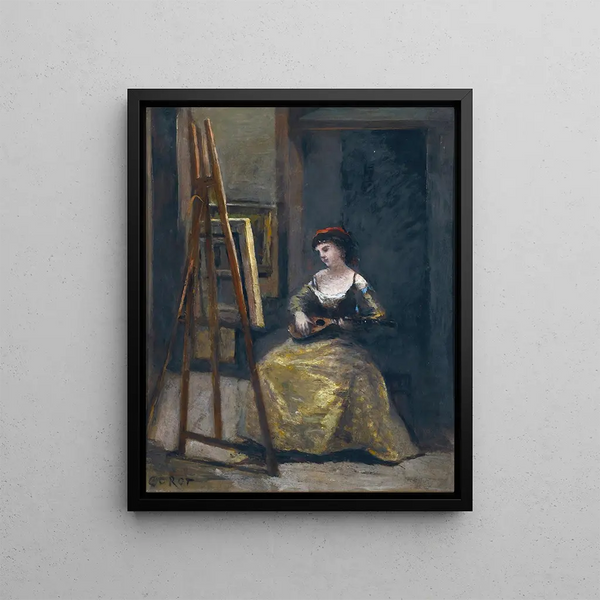 Young woman playing the mandolin - Jean-Baptiste-Camille Corot — framed artwork on a wall