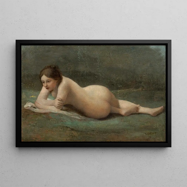 Young woman lying on the grass - Jean-Baptiste-Camille Corot — framed artwork on a wall