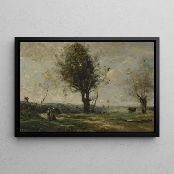 La Rencontre au bord du chemin - Jean-Baptiste-Camille Corot — framed artwork on a wall