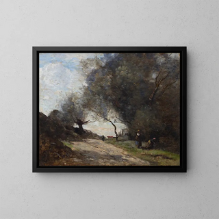 The harvest at the edge of the path - Jean-Baptiste-Camille Corot — framed artwork on a wall