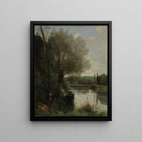 La liseuse sur la rive boisée - Jean-Baptiste-Camille Corot — framed artwork on a wall