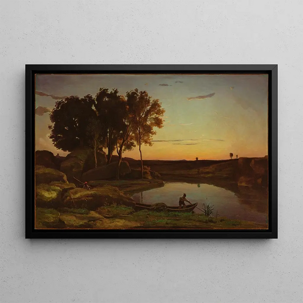 Landscape painting with lake and boatman - Jean-Baptiste-Camille Corot — framed artwork on a wall