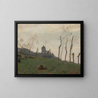Le Tréport, a port and a church - Jean-Baptiste-Camille Corot — framed artwork on a wall