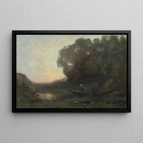 The boatman, the bank, sunset - Jean-Baptiste-Camille Corot — framed artwork on a wall