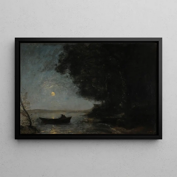 The lake, night effect - Jean-Baptiste-Camille Corot — framed artwork on a wall