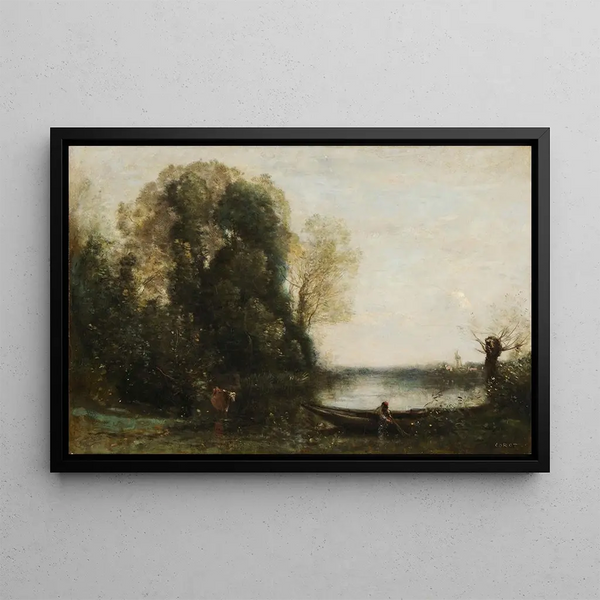 the fisherman in a boat at the shore - Jean-Baptiste-Camille Corot — framed artwork on a wall