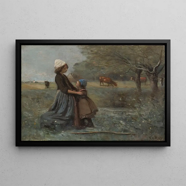 Les deux sœurs dans la prairie - Jean-Baptiste-Camille Corot — framed artwork on a wall