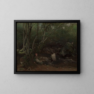 Goat girl sitting beside a stream in a forest - Jean-Baptiste-Camille Corot — framed artwork on a wall