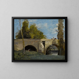 Mantes, two arches of the bridge with a rider - Jean-Baptiste-Camille Corot — framed artwork on a wall