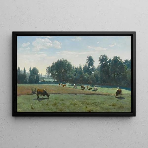Marcoussis The Cows Grazing - Jean-Baptiste-Camille Corot — framed artwork on a wall