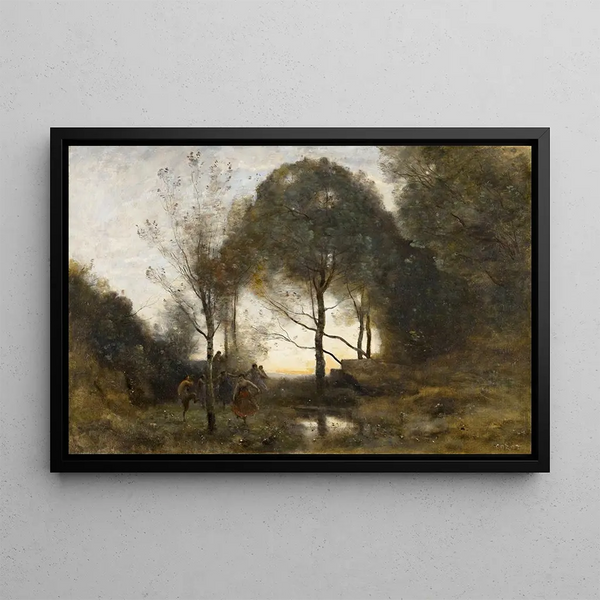 Nymphs and Fauns - Jean-Baptiste-Camille Corot — framed artwork on a wall