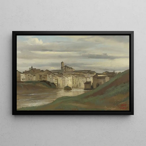 on the banks of the Tiber, Rome - Jean-Baptiste-Camille Corot — framed artwork on a wall