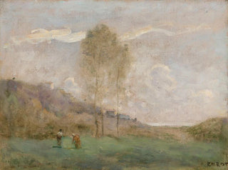Autumn landscape painting near a coast with two characters - Jean-Baptiste-Camille Corot — artwork view