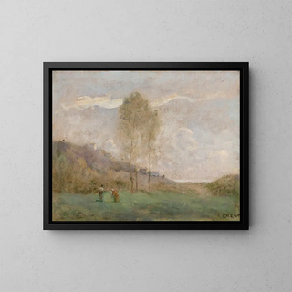 Autumn landscape painting near a coast with two characters - Jean-Baptiste-Camille Corot — framed artwork on a wall