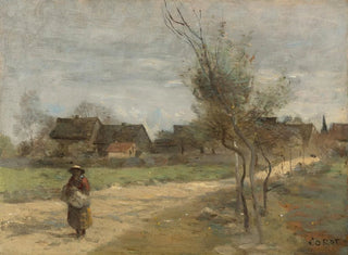 Country scene painting on a road overlooking a village - Jean-Baptiste-Camille Corot — artwork view