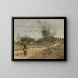 Country scene painting on a road overlooking a village - Jean-Baptiste-Camille Corot — framed artwork on a wall