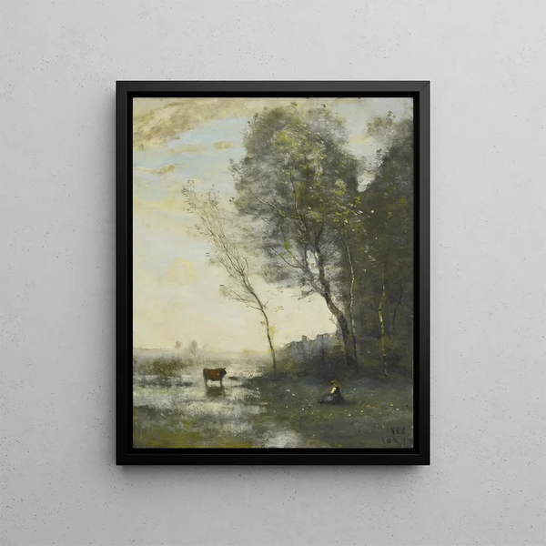 a Peasant Painting keeping a cow by the water - Jean-Baptiste-Camille Corot — framed artwork on a wall