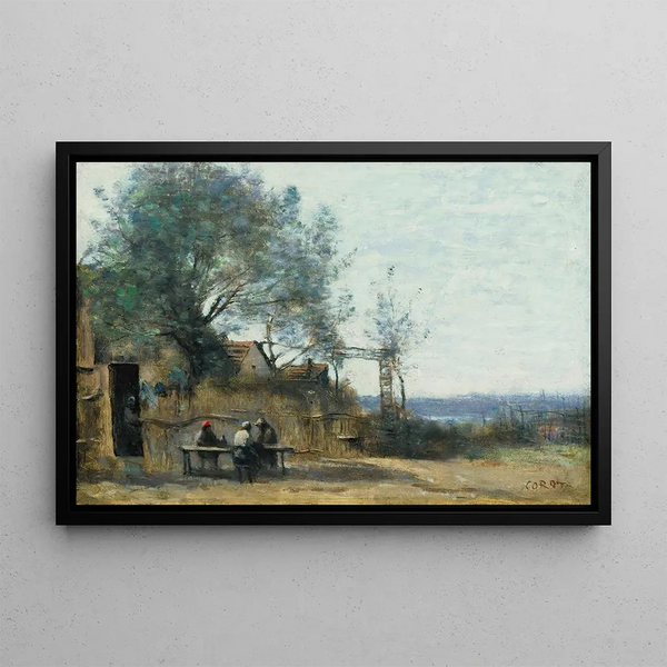 Peasants sitting at the door of a cabaret - Jean-Baptiste-Camille Corot — framed artwork on a wall