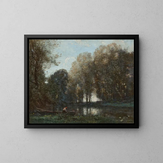 Fisherman moored on the green bank - Jean-Baptiste-Camille Corot — framed artwork on a wall