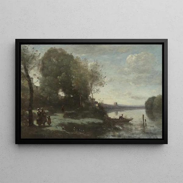 River with a distant tower - Jean-Baptiste-Camille Corot — framed artwork on a wall