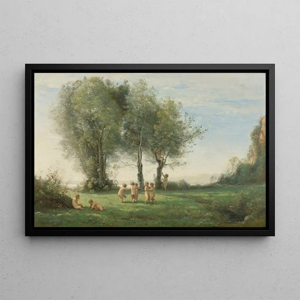 Ronde d'amours Lever du soleil - Jean-Baptiste-Camille Corot — framed artwork on a wall