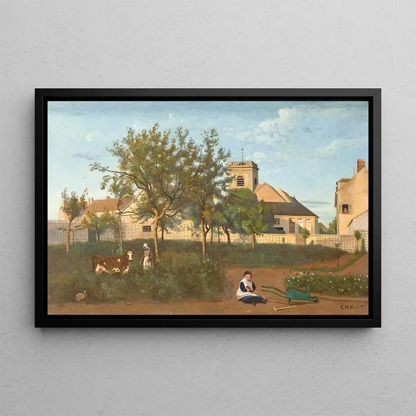 Rosny Seine-et-Oise village church view taken from Mrs. Osmond's orchard - Jean-Baptiste-Camille Corot — framed artwork on a wall